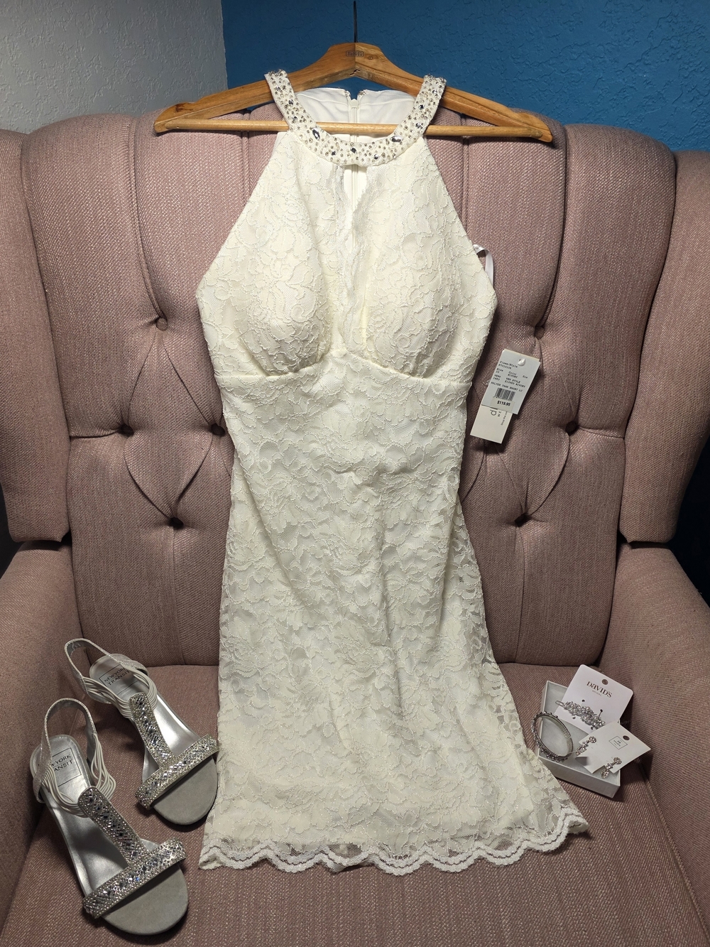 SEXY Size 10 Ivory Lace Wedding / Prom Dress Embellished Halter Heels & Access